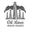 Set oil mines front view with fence on clouds background isolated on white. Logo for monetary resourses or oil business