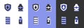 Set Oil petrol test tube, drop on shield, Barrel oil and tank storage icon. Vector