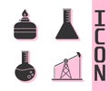 Set Oil pump or pump jack, Alcohol or spirit burner, Oil petrol test tube and Oil petrol test tube icon. Vector