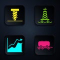 Set Oil railway cistern, Rotating drill digging a hole, Oil price increase and Oil rig with fire. Black square button