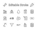 Set of Oil Related Vector Line Icons. Contains such Icons as Fuel Truck, Gas Station, Oil Factory, Transportation and Royalty Free Stock Photo