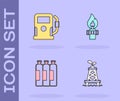 Set Oil rig, Petrol or gas station, Industrial cylinder tank and with fire icon. Vector