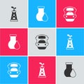 Set Oil rig, petrol test tube and tanker ship icon. Vector