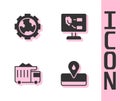 Set Oilfield, Gear wheels and earth, Mining dump truck and Soil analysis icon. Vector