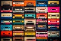 Set of old audio cassettes on red background Royalty Free Stock Photo