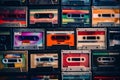 Set of old audio cassettes on red background Royalty Free Stock Photo