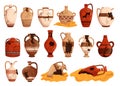 Set Of Old Broken Pottery, Decorative Clay Vases, Jugs Or Pitchers. Antique Archaeological Crockery Artifacts