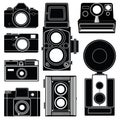 Set of old classic camera silhouette on white background