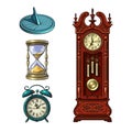 Set of old clocks. Sundial, Hourglass, Alarm clock Antique grandfather pendulum clock. Vector illustration. Royalty Free Stock Photo