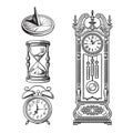 Set of old clocks. Sundial, Hourglass, Alarm clock Antique grandfather pendulum clock. Vector illustration. Royalty Free Stock Photo