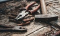 Set of old rusty tools in a working repair shop Royalty Free Stock Photo