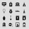 Set Old crypt, Calendar death, Church building, Tombstone with RIP written, Funeral urn, Christian cross chain, Speech Royalty Free Stock Photo