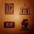 Set Old grave with tombstone, Obituaries, Speech bubble rip death and Old crypt on wooden background. Vector