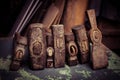 set of old hammers and rusty nails. tools on metal the surface Royalty Free Stock Photo