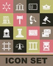 Set Old hourglass, Envelope, Judge gavel, Safe, Office folders, Hexagram sheriff and Footsteps icon. Vector