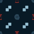 Set Old hourglass, Magic runes and Game dice on seamless pattern. Vector