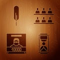 Set Old hourglass with sand, Feather pen, Wanted poster and Jurors on wooden background. Vector