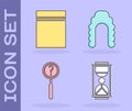 Set Old hourglass with sand, Plastic bag with ziplock, Magnifying glass with search and Judge wig icon. Vector