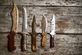 Set of old hunting handmade knives Royalty Free Stock Photo