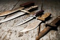 Set of old hunting handmade knives Royalty Free Stock Photo