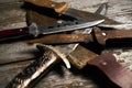 Set of old hunting handmade knives Royalty Free Stock Photo