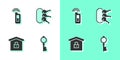 Set Old key, Car with remote, House under protection and Bunch of keys icon. Vector