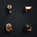 Set Old key, Security camera, Cancelled fingerprint and Lock icon with long shadow. Vector Royalty Free Stock Photo