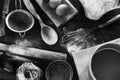 A set of old kitchen items. Black and white photo Royalty Free Stock Photo