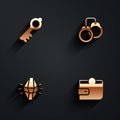 Set Old magic key, Handcuffs, Magic stone and Wallet icon with long shadow. Vector Royalty Free Stock Photo