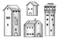 Set Old Medieval Houses Buildings Vintage Woodcut