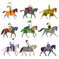 Set of old medieval knights in helmet with different horses Royalty Free Stock Photo