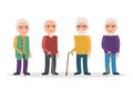 Set of old men wearing glasses and with canes.