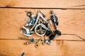 Set of metalware on the wooden background