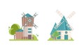 Set of Old Mills, Ancient Windmill Rural Buildings for Grain or Bread Processing Cartoon Vector Illustration