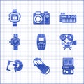 Set Old mobile phone, Skateboard trick, Tetris, Retro cinema camera, Vinyl disk, Wrist watch, Music synthesizer and icon