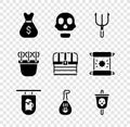 Set Old money bag, Skull, Neptune Trident, Street signboard with Bar, Lute, Pirate flag, Quiver arrows and Chest icon