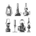 Set of old oil lamps, vintage kerosene or oil lanterns, home and trackwalker lamps collection Royalty Free Stock Photo