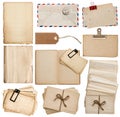 Set of old paper sheets, book, envelope, postcards, tags Royalty Free Stock Photo