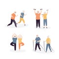 Set of old people doing sports exercises. Elderly couple running, walking and doing yoga poses. Outdoor fitness for grandparents