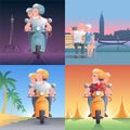 Set of old people driving scooter in front of pagoda and sitting in Venice vector illustrations
