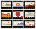 Set old postage stamps with japanese landscapes Royalty Free Stock Photo