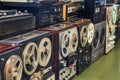 Set of old reel players and tape recorders, retro machines background. Reel tape recorders Royalty Free Stock Photo