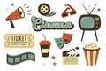 Set of old retro cinema equipment with various cinematographic elements. Doodle hand drawn cinema objects isolated. Loudspeaker,