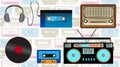 A set of old retro hipster music technology, electronics from the 80`s, 90`s: cassette audio player, audio cassette, headphones,