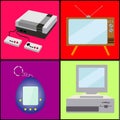 A set of old retro vintage antique hipster analog technology, electronics for video games, a prefix and a pocket toy TV and comput Royalty Free Stock Photo