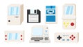 Set of old retro vintage isometry technology electronics computer, pc, floppy floppy disk, game portable video game consoles from Royalty Free Stock Photo