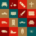 Set Old retro vintage plane, Car, Double decker bus, Skateboard, city tram, Pickup truck, and Rocket ship with fire icon