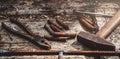 Set of old rusty tools in a working repair shop Royalty Free Stock Photo