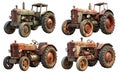 A set of old and rusty tractors on a white background Royalty Free Stock Photo
