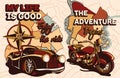 Set of old school travel posters with slogan and retro vehicles Royalty Free Stock Photo